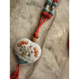 Rare Vintage Painted Peaches Glass Bead Chinese Necklace Asian Art Red Tassel